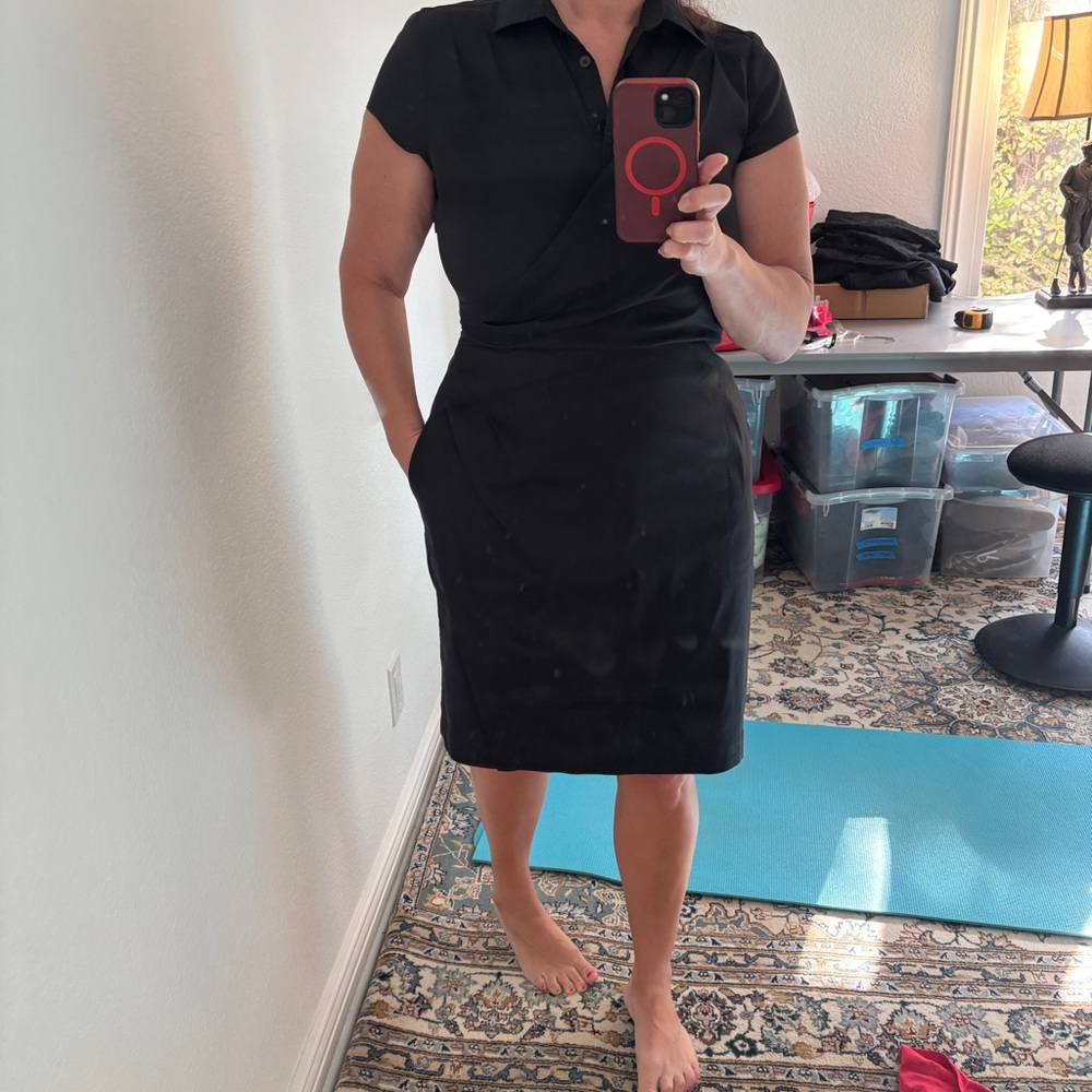 Ann Taylor Black Cap-Sleeve Wrap Dress with Side Pockets